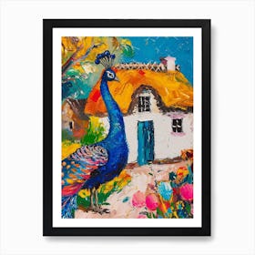 Peacock By A Thatched Cottage Textured Painting 2 Art Print