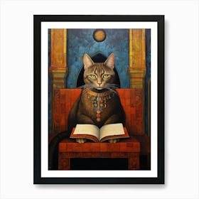 Romantesque Style Painting Of A Cat Reading A Book Art Print