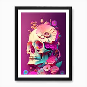 Skull With Psychedelic 3 Patterns Pink Vintage Floral Art Print