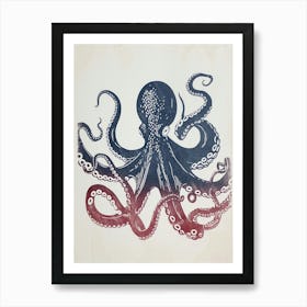 Red & Blue Simple Linocut Style Octopus 3 Art Print