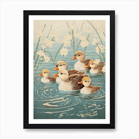 Ducklings Japanese Woodblock Style 2 Art Print