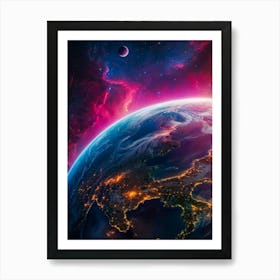 Earth and Moon from Space at Night Art Print