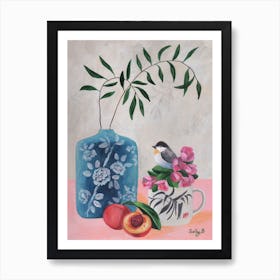 Chinoiserie Peach And Bird Art Print
