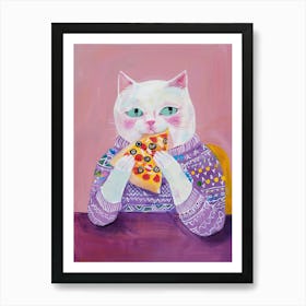 White Cat Eating Pizza Folk Illustration 1 Art Print