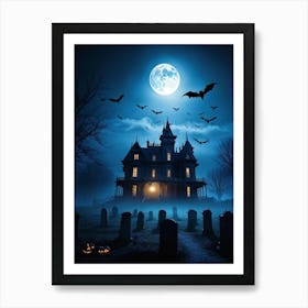 Frightened Souls Hovering Over A Victorian Mansion On A Dark Halloween Night Silhouetted Against A Art Print