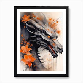 Japanese Dragon Abstract Flowers Painting (15) Art Print