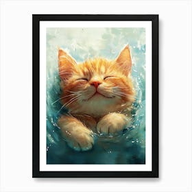 Happy Orange Cat Floating on Water Art Print