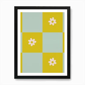 Modern Purple Grid With Daisies Yellow And Aqua Art Print