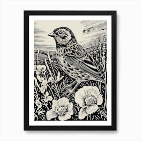 B&W Bird Linocut Yellowhammer 1 Art Print