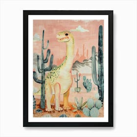 Dinosaur In The Desert With Cactus Storybook Watercolour 2 Art Print