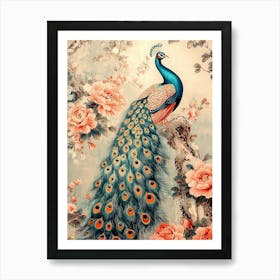 Peacock With Roses Art Print