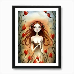 Girl With Red Roses Art Print