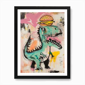 Dinosaur Eating A Hamburger Pink Blue Graffiti Style 2 Art Print