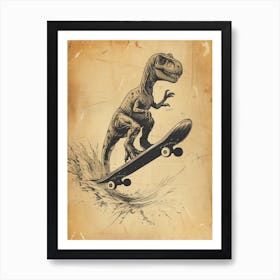 Vintage Dilophosaurus Dinosaur On A Skateboard 1 Art Print