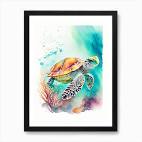 A Single Sea Turtle In Coral Reef, Sea Turtle Watercolour 2 Art Print