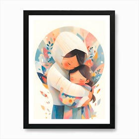 Cozy Mother-Daughter Hug Illustration – Whimsical Floral Home Art Print Art Print