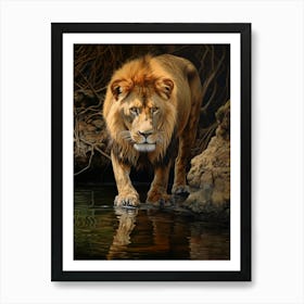 African Lion Drinking From A Stream Realistic 5 Art Print