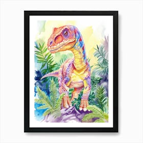 Rainbow Dinosaur Watercolour In The Foliage Art Print