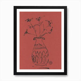 Vase Of Flowers terracotta black ink floral painting drawing minimal minimalist minimalism bworn bedroom living room Art Print