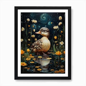 Floral Ornamental Ducklings At Night 1 Art Print