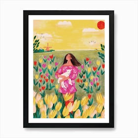 Woman in Tulips Field Art Print