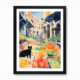 Food Market With Cats In Amalfi 3 Watercolour Art Print