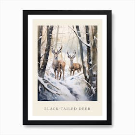 Winter Watercolour Black Tailed Deer Poster Art Print