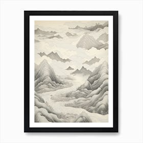 Chugoku Mountains In Multiple Prefectures, Ukiyo E Black And White Line Art Drawing 1 Art Print