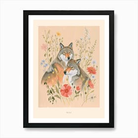 Folksy Floral Animal Drawing Wolf 5 Poster Art Print