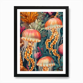 Bunte Jellyfish Malerei, Unterwasser Welt mit Algen-Korallen Art Print