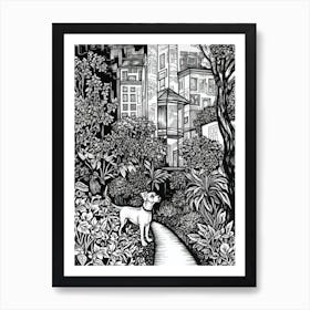 Drawing Of A Dog In Central Park Conservatory Garden, Usa In The Style Of Black And White Colouring Pages Line Art 04 Art Print