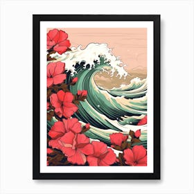 Great Wave With Azalea Flower Drawing In The Style Of Ukiyo E 1 Art Print