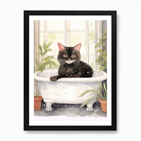 Black Cat In Bathtub Botanical Bathroom 2 Art Print