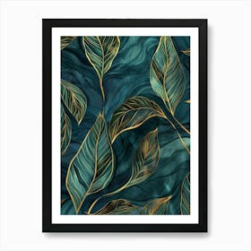 Gold Leaves On A Blue Background Art Print