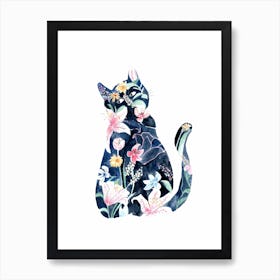 Flower Pattern Blue Cat Art Print