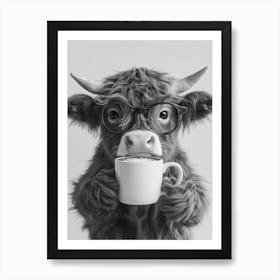 Highland Cow Drinking Coffee Art Print