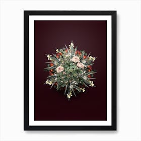 Vintage Rosier Pompon Flower Wreath on Wine Red n.1487 Art Print