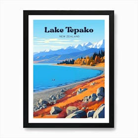 Lake Tepako New Zealand Scenic Travel Illustration Art Print