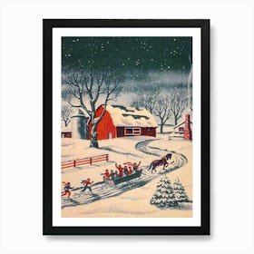 1943 Vintage Snow Scene Horse and Sleigh | Vintage Winter Original Greeting Card Illustration in HD | Antique Christmas Decor Art Print