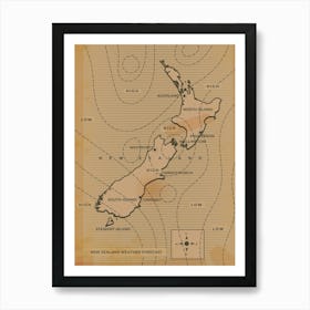 Vintage New Zealand weather Map Art Print