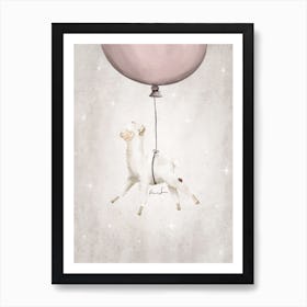 Flying Lama With Pink Balloon Art Print