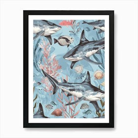 Pastel Blue White Tip Reef Shark Watercolour Seascape Pattern 1 Art Print