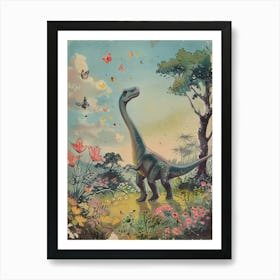 Dinosaur Catching Butterflies In The Meadow Vintage Illustration Art Print