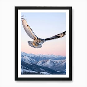 Owl With Piercing Yellow Eyes Mid Flight Over Snowy Mountains At Sunrise Wings Outstretched In A S Art Print