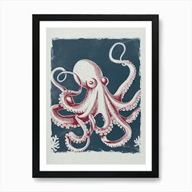 Octopus Swimming Around With Tentacles Red Navy Linocut Inspired 3 Art Print