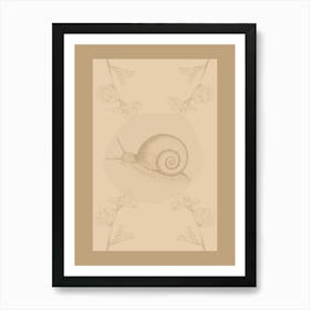 Snail Sketch On A Beige Background With Flowers In The Nature Garden Art Print