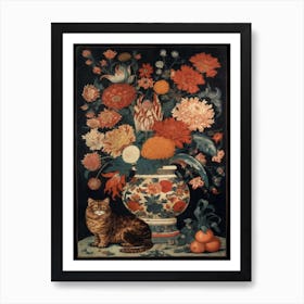 Chrysanthemums With A Cat 4 William Morris Style Art Print