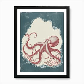 Linocut Inspired Octopus Hiding Away In A Cave 2 Art Print