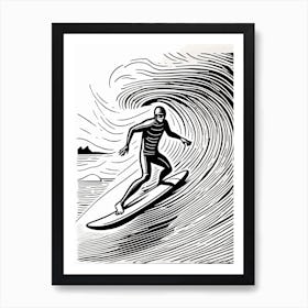 Linocut Black And White Surfer On A Wave art, surfing art, 3 Art Print