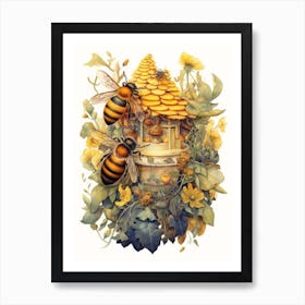 Yellow Faced Bee Beehive Watercolour Illustration 2 Art Print